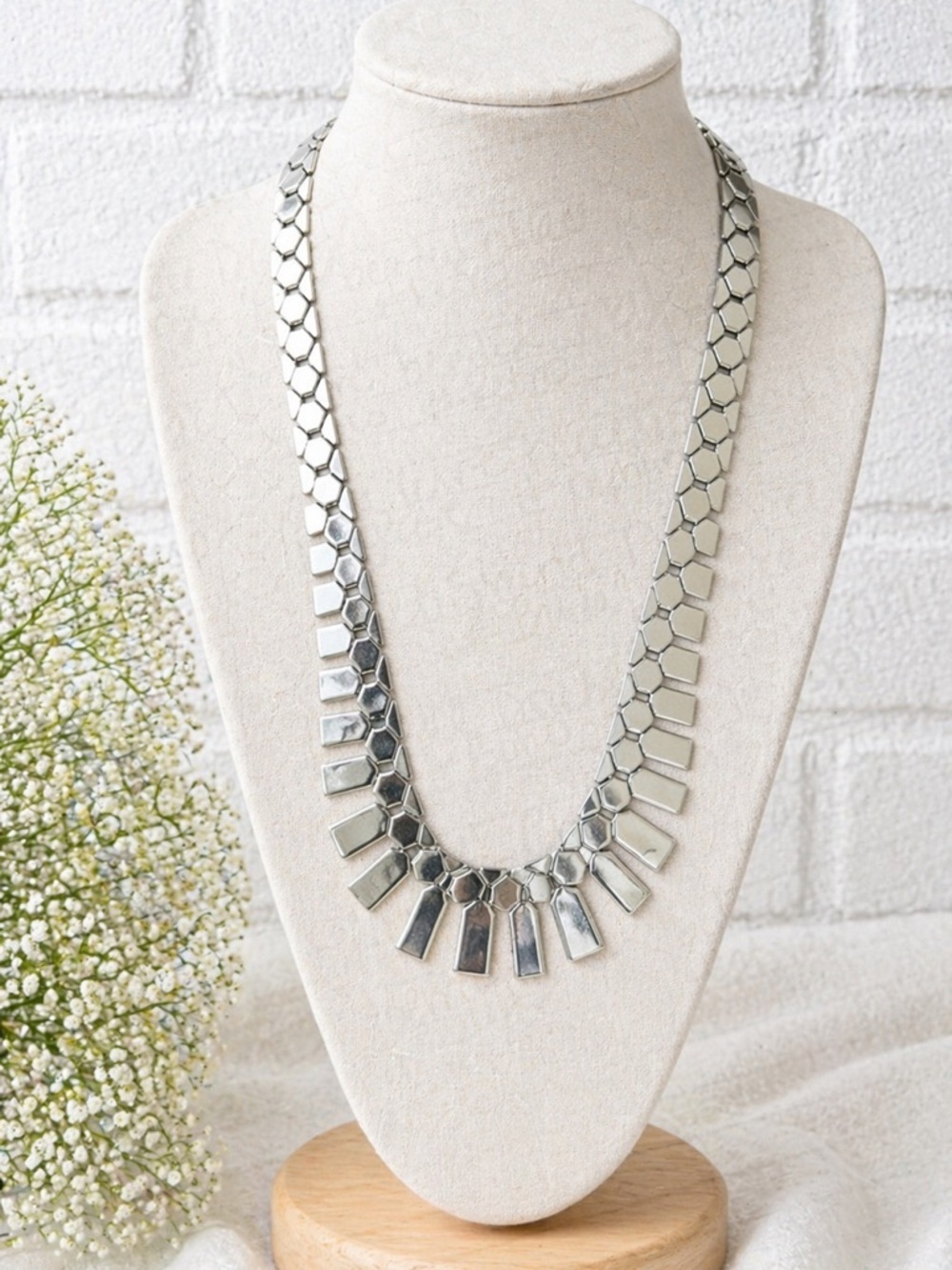 Silver Geometric Statement Necklace Modern Bib Collar Chic